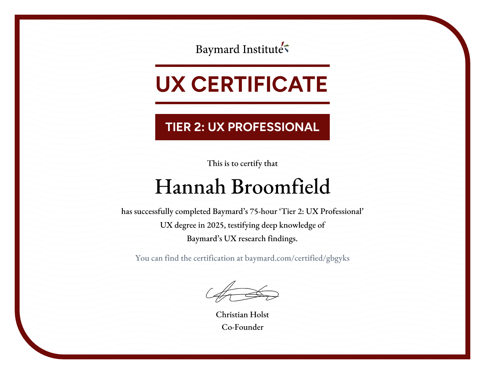 Hannah Broomfield’s certificate
