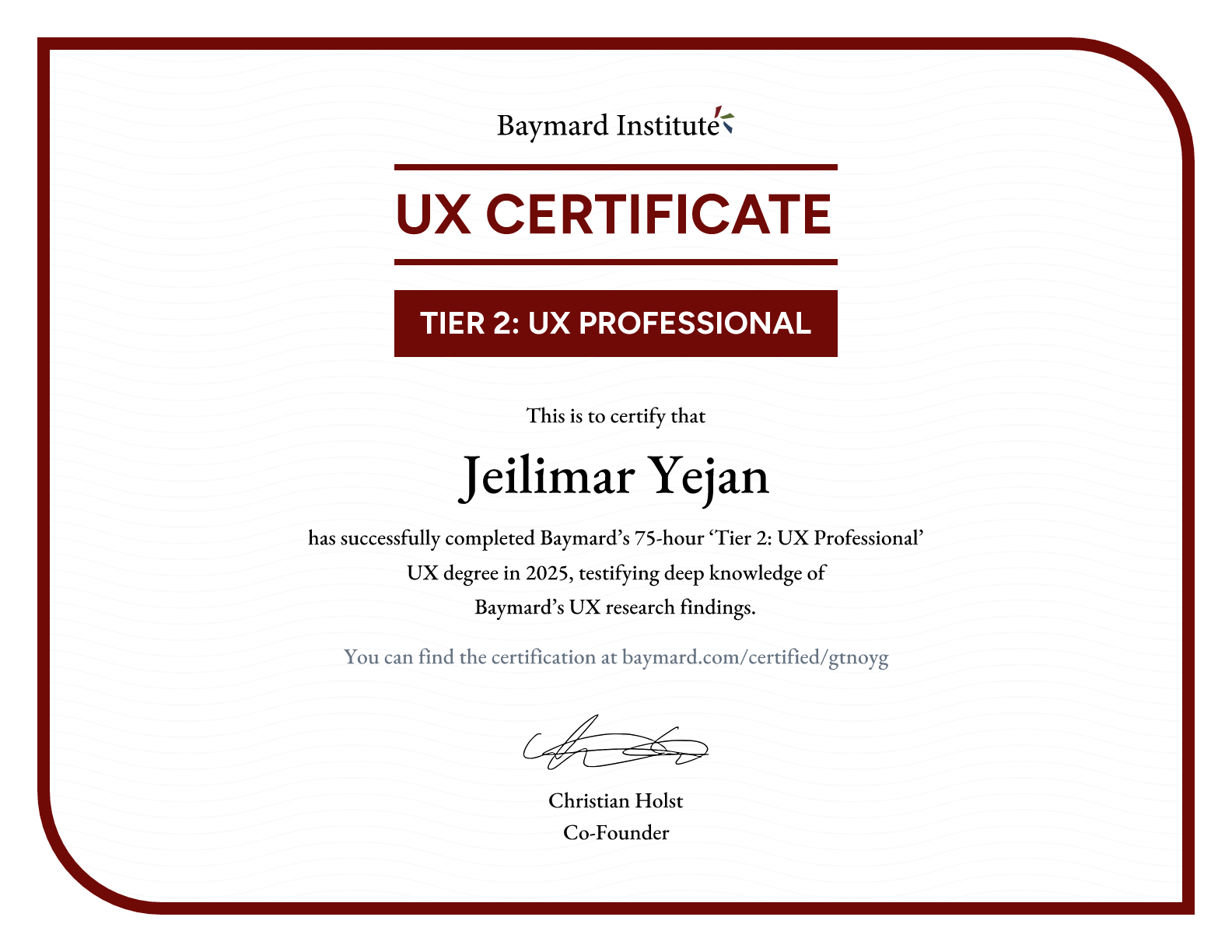 Jeilimar Yejan’s certificate