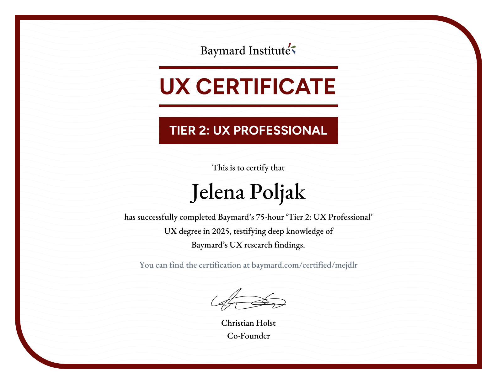 Jelena Poljak’s certificate