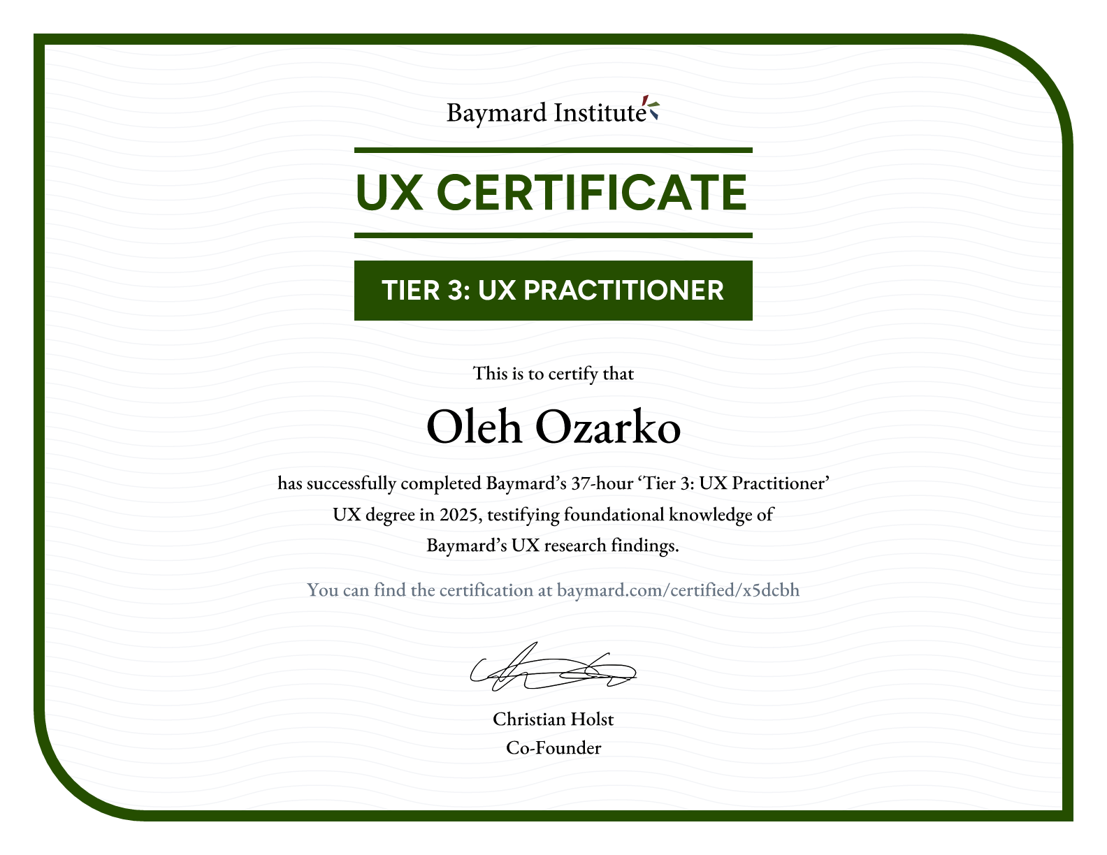 Oleh Ozarko’s certificate