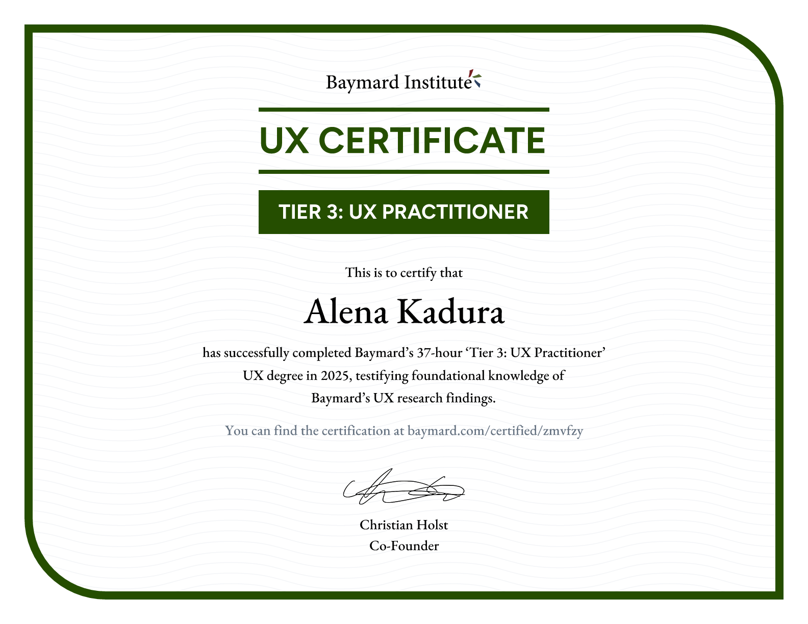 Alena Kadura’s certificate